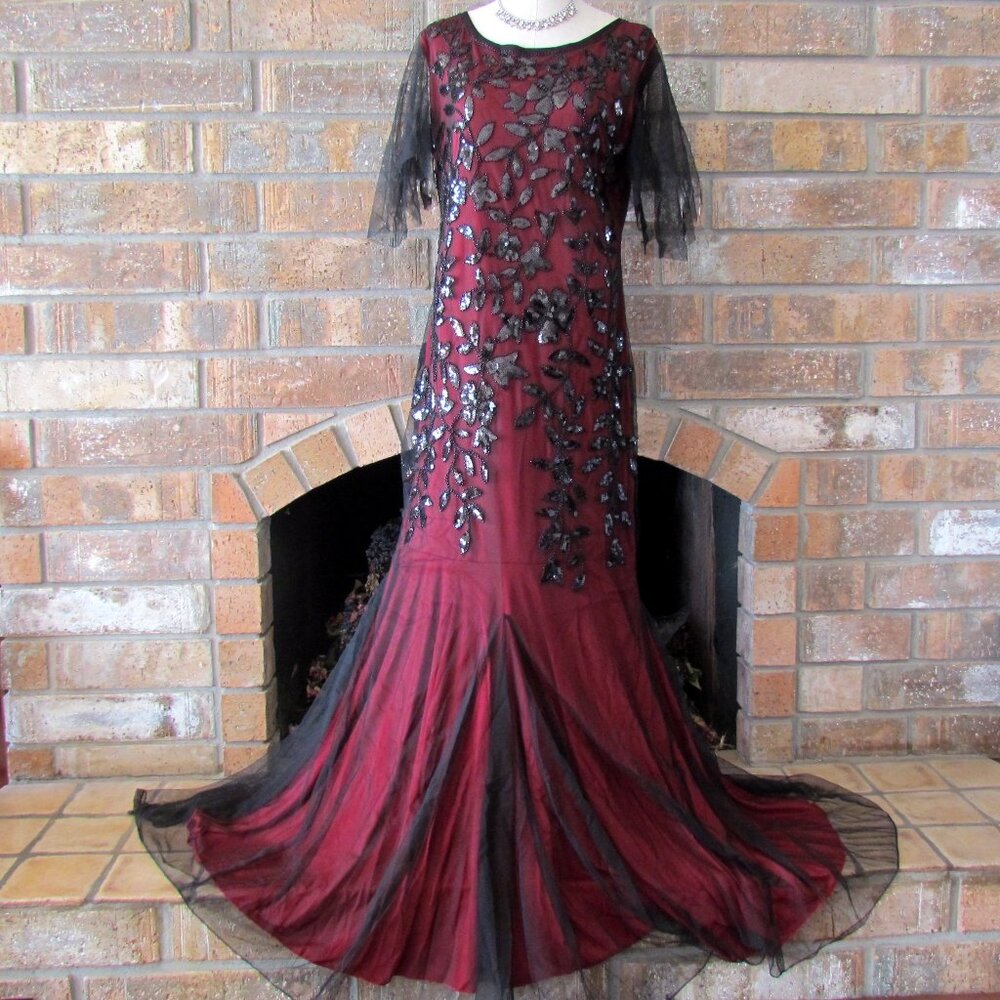 BALL GOWN, RED w BLACK SHEER BEADING, FISHTAIL RED CARPET EVENING DRESS